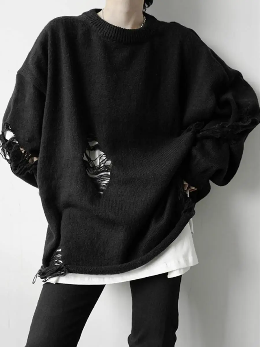 

Оверсайз вязаный свитер унисекс осенне-зимний однотонный с дырками, свободный крой, в стиле кэжуал, верхняя одежда, модный городской молодежный стиль