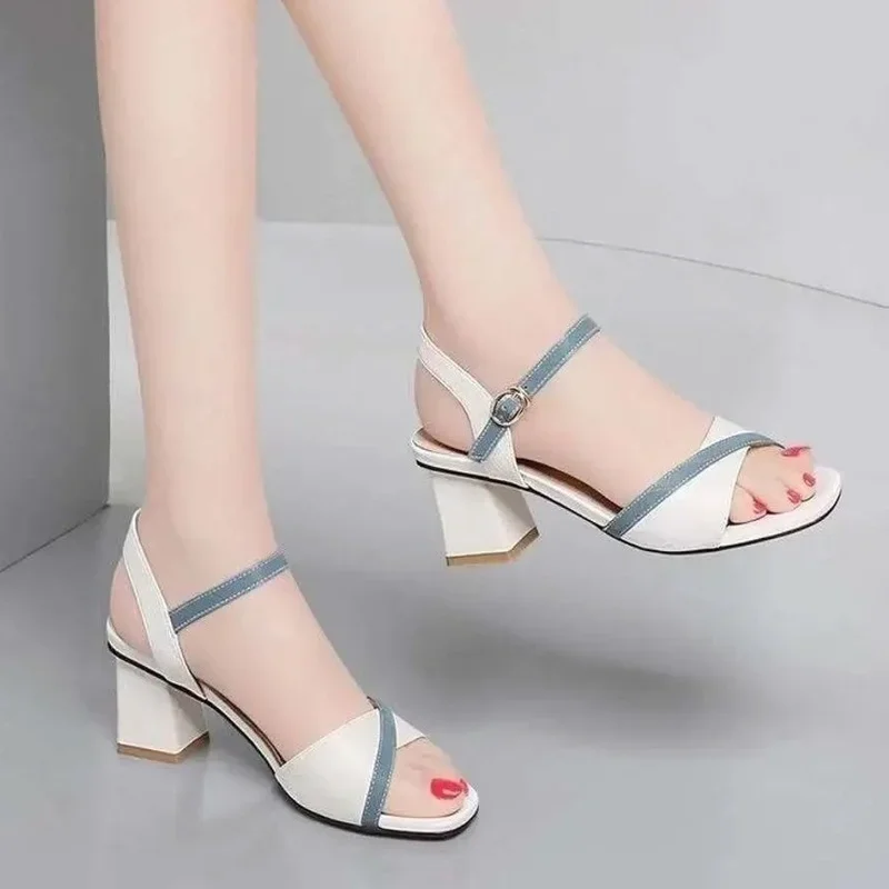 Block Heel Sandals For Woman Women\'s Shoes One Word Leather Summer 2024 With Medium Heels Footwear Comfortable Offer Sale F H