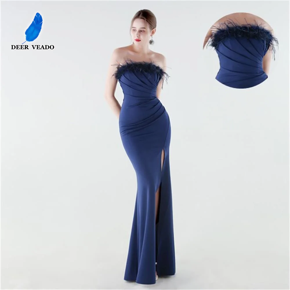 

DEERVEADO 10 Colors Elegant Mermaid Slit Evening Dress for Woman Chic Wedding Party Dresses with Feathers Formal Occasion Gowns