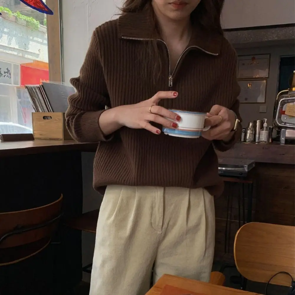 Felpa con cappuccio a maniche lunghe con cerniera a maniche lunghe Maglione casual allentato lavorato a maglia all'uncinetto Top da donna Pullover da ragazza dolce Primavera/Inverno