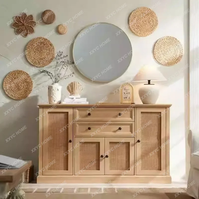 XX Country Retro Rattan Woven Solid Wood Sideboard Cabinet Living Room Wall-Mounted Entryway  Storage Cabinet