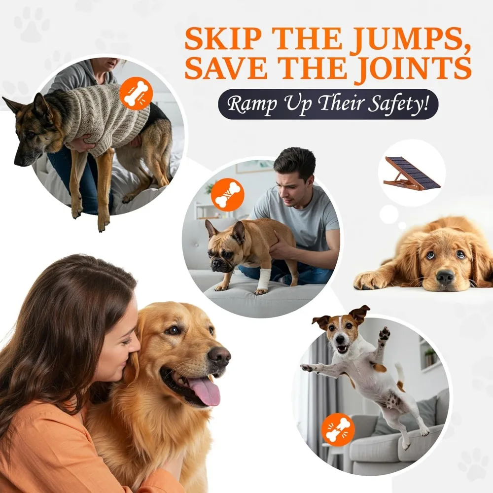 منحدر كلب قابل للتعديل للسرير - منحدر خشبي قابل للطي للكلاب للانحناء على السرير أو الأريكة أو السيارة بمساحة مشي بعرض 16.5 بوصة (جوز مع #4