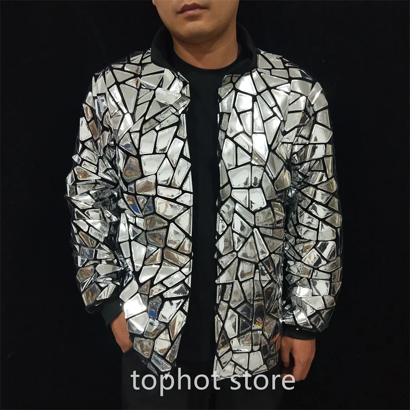 Shiny Mirror Jacket Bling Coat Male Stage Performance Costume Club Party Show Sequins Overcoat Rave Outfit Hip Hop Dance