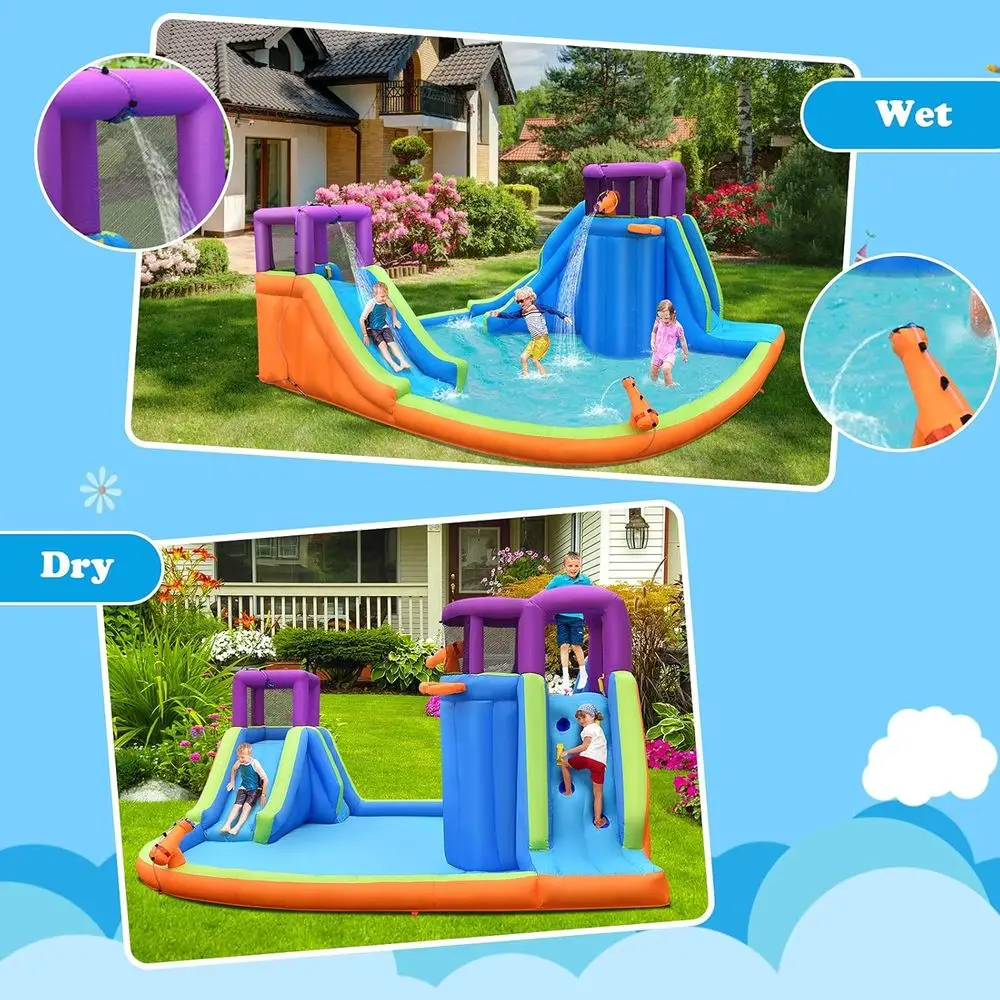 Iatable waterglijbanen voor kinderen, gigantische Splash n Slide waterkasteel met klimmuur en lange glijbaan, splashpool met waterpistool