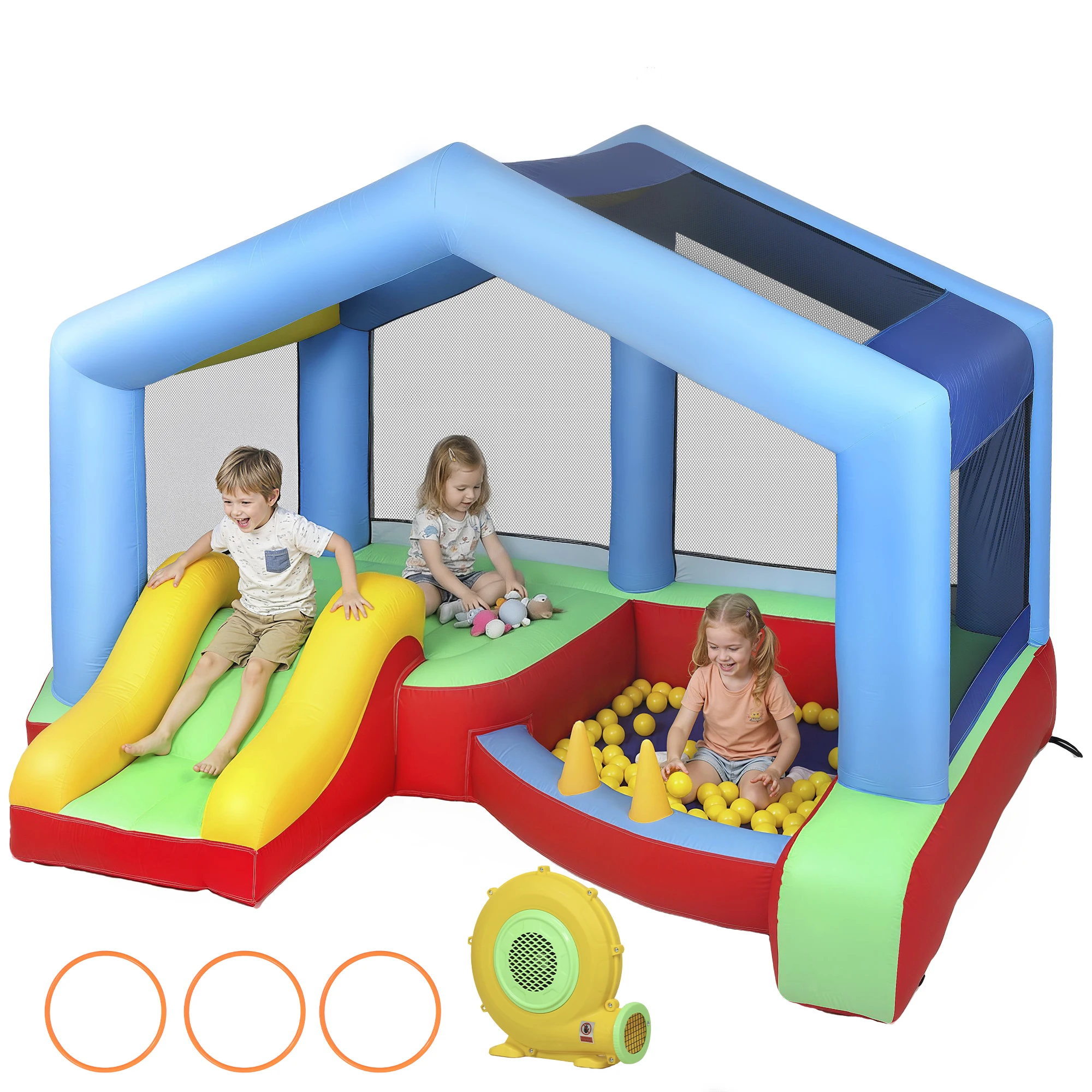 AIYAPLAY Castillo Hinchable para Niños con Soplador Tobogán Cama Elástica Piscina de Pelotas Juego de Aros Toldo