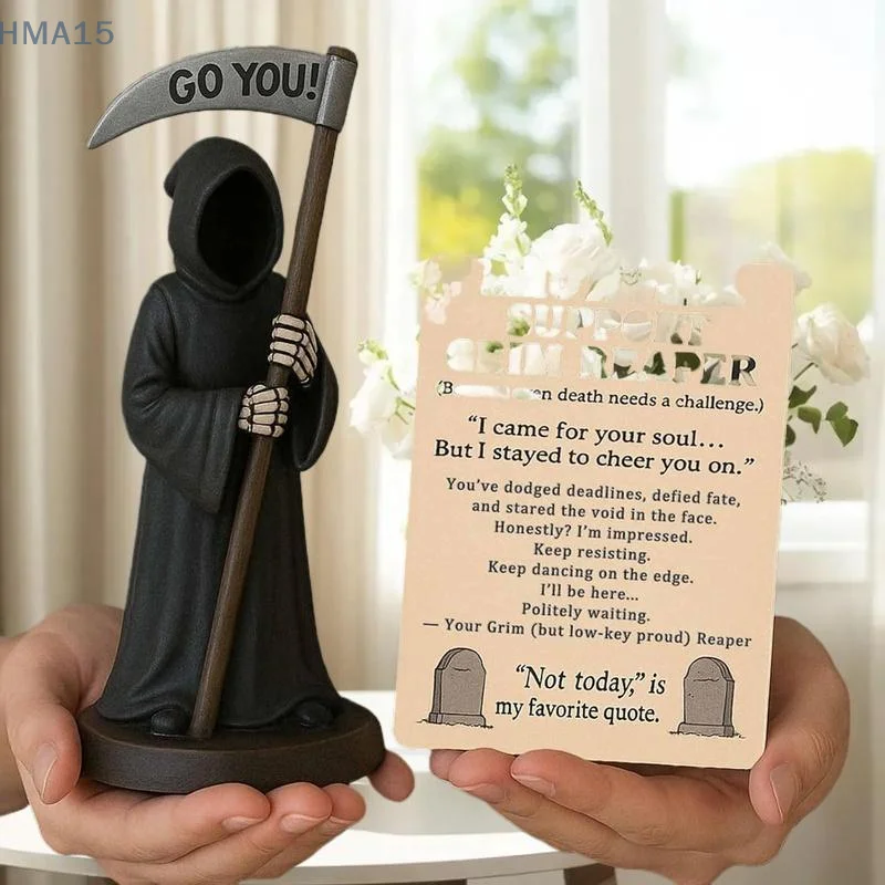 Condolence Coffee Cup Bearing Reaper Sculpture with Emotional Support Cat