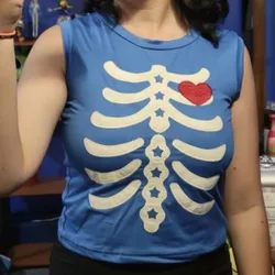Tank Tops Goth Heart Skeleton Print Women O-Neck Sleeveless Crop Top Casual Tees Summer Slim Femme Ladies Girls Vest Blue Shirt