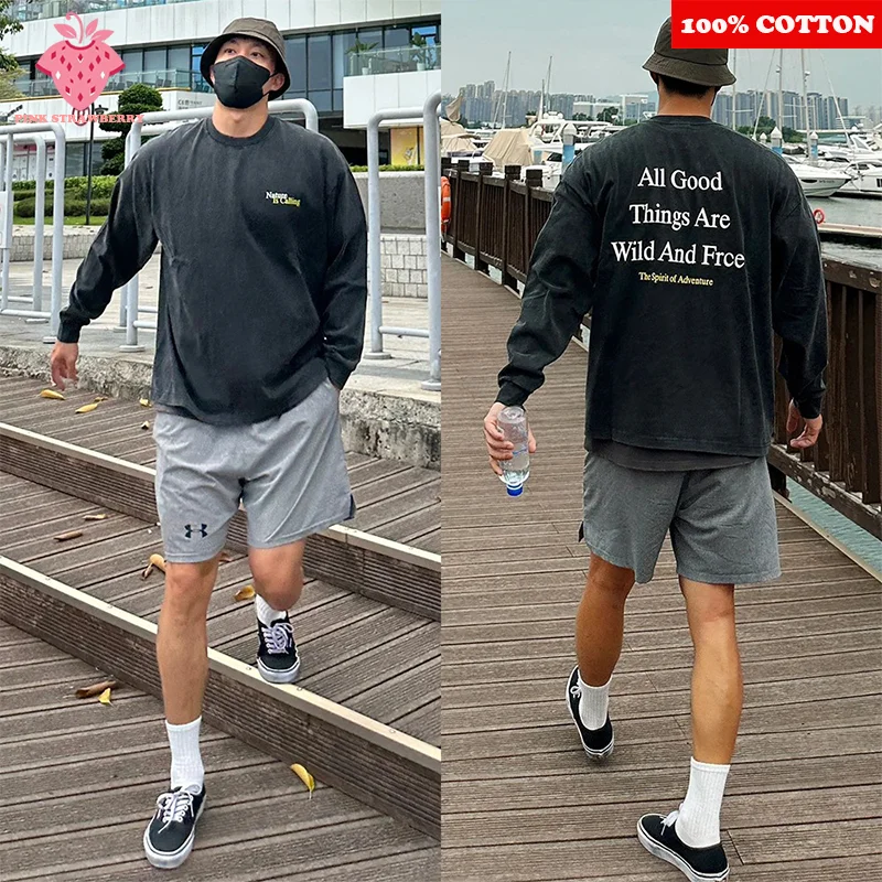 

Dark gray Long sleeved T-shirt Men Autumn 2025 New American Street Letter Print T-shirt Casual Loose Y2k Tops Youth men clothing