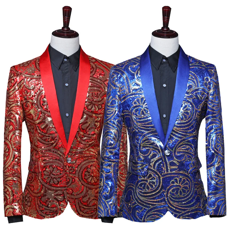 

2024 Men's Fancy Sequined Suit Green Collar Singer Host Photo Studio Photography Suit