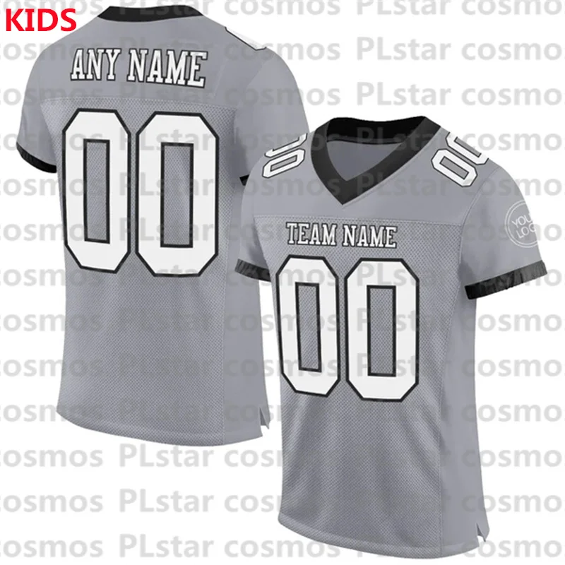 Custom Gray White-Black Mesh Authentic Football Jersey 3D Printed Kids Football Jersey Boys Tops Girl Tees