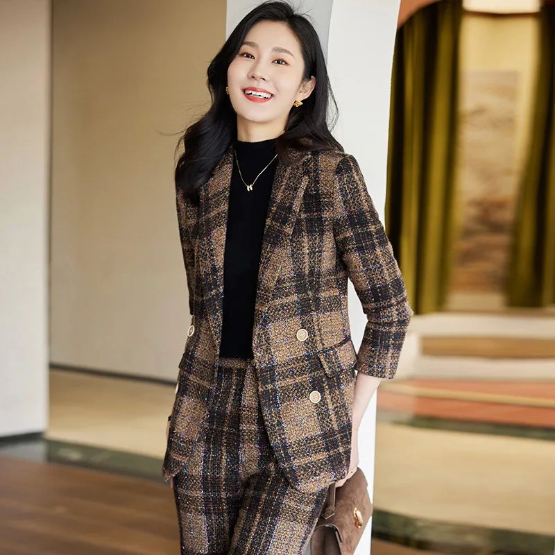 2024Autumn and Winter New Brown Plaid Long-Sleeved Small Suit Collar Jacket Women's Pants Two-Piece Suit Commuter