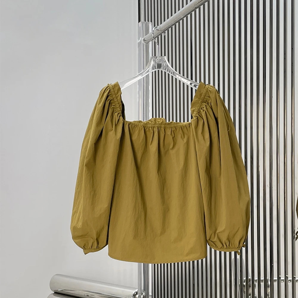 Square Neck Puff Sleeve Blouse for Women, Vintage Ruffled Top, Loose Drawstring 3/4 Sleeve Casual Commuter T-Shirt