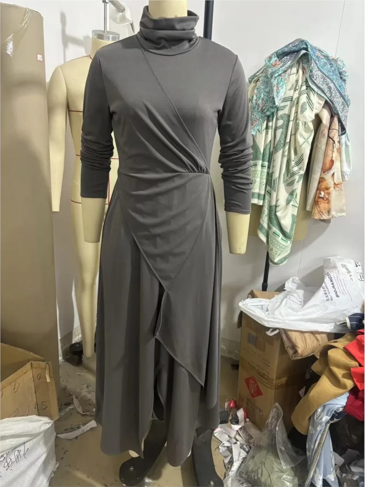 

Spring Autumn Elegant Irregular Hem Women's Long Dress Fashion High Collar Solid High Waist Dresses Ladies Hot Style Vestidos