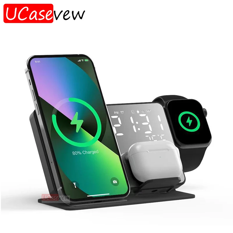 Wireless Charger Alarm Clock Stand Fast 4 in 1 Charging Station For iPhone 15 14 13 12 Airpods Samsung S23 S22 Apple Watch 9 8 7