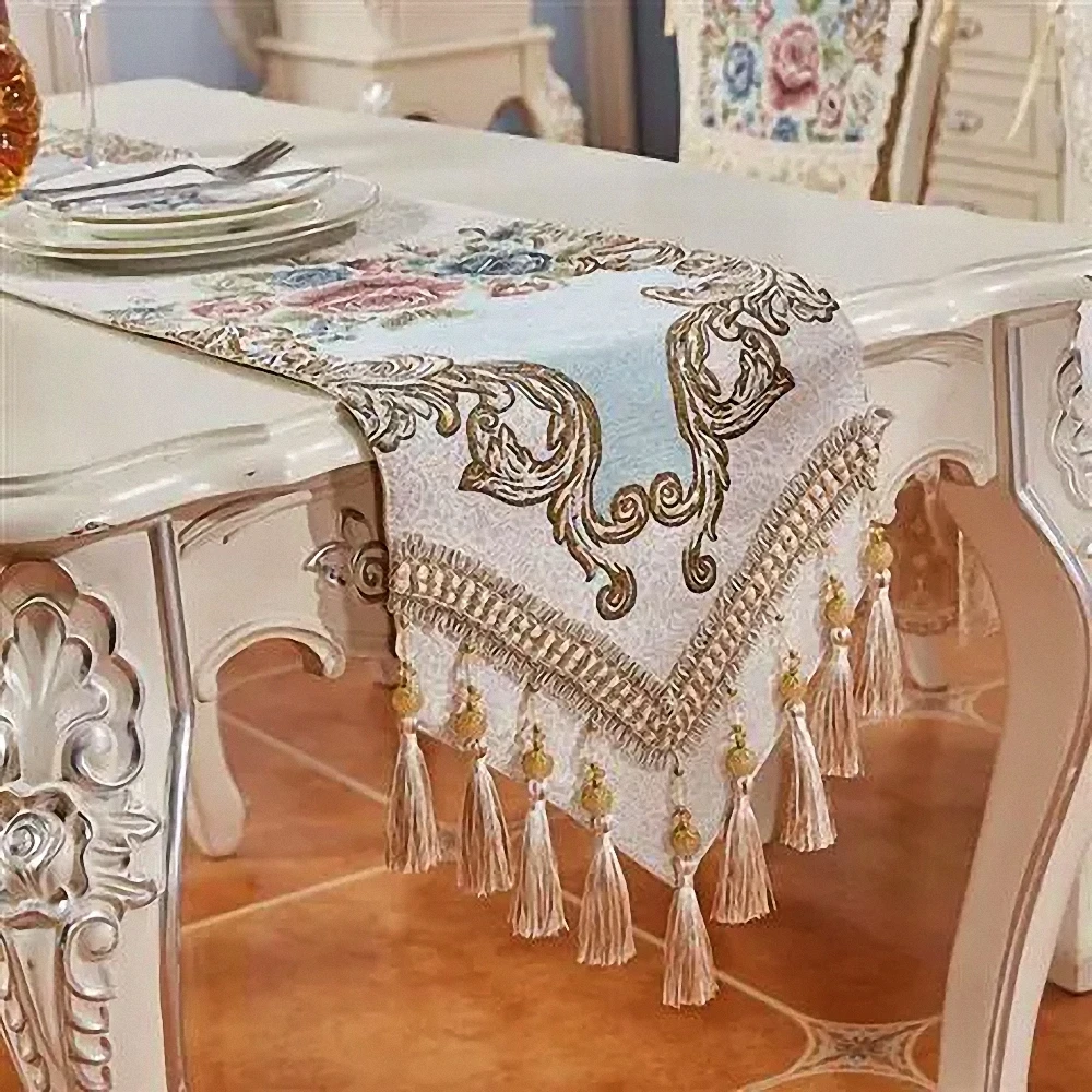 

European Pastoral Embroidered Table Runner Tablecloth Deerskin Velvet Anti-slip Bottom Table Runner Bed Flag Dining Table Mat 4