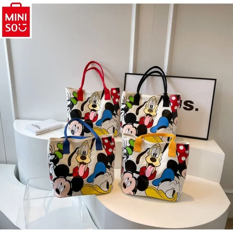 

MINISO Disney Women's High Quality Canvas Large Capacity Handbag Mickey Cartoon Print Multi functional One Shoulder Tote Bag