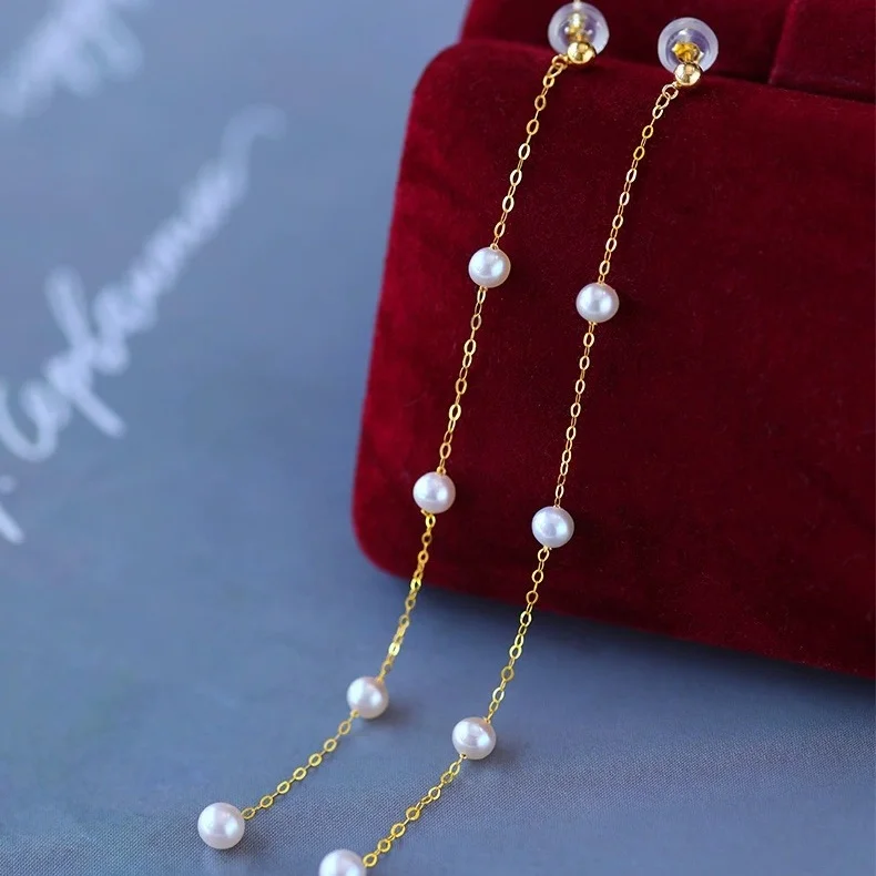 

18K Yellow Gold Natural Freshwater Earrings Long Drop Au750 Fine Jewelry Round Aniversary Gift For Women Original design E702