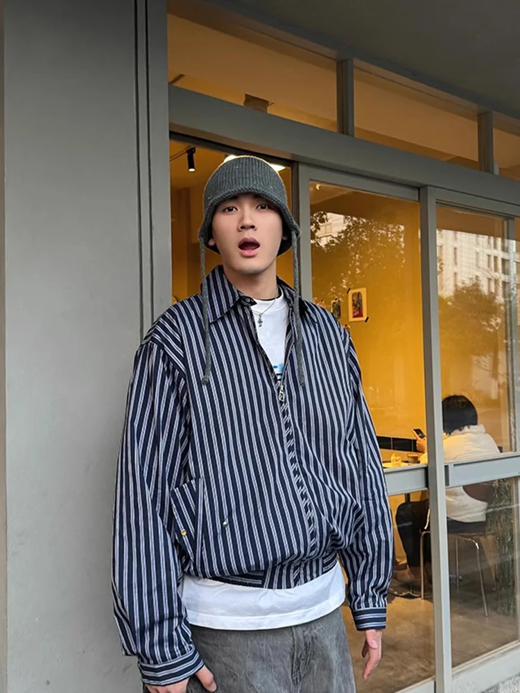 

Korean Sle Men's Casual Striped Design Jaet Loose Fit Vintage Japanese Sle Outerwear Top Breathable Polyester Fiber