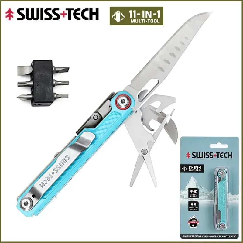 SWISS TECH 11-in-1 schaar, schroevendraaier, mini-messetje, draagbaar gereedschap voor buitengebruik, survival, kamperen, EDC-gereedschap en gadgets