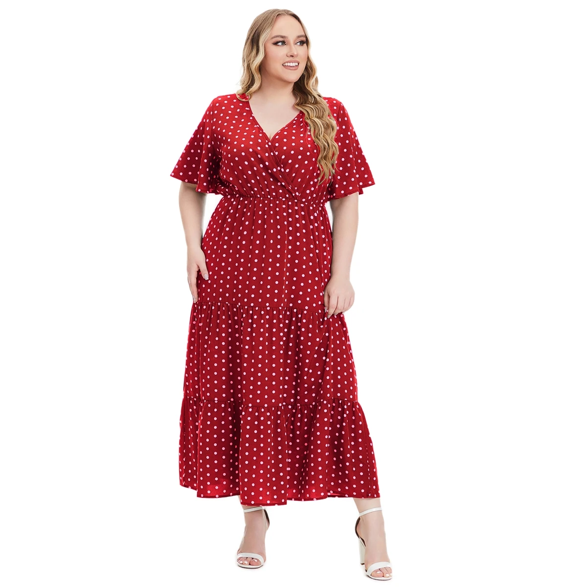 Plus Size New Arrival Fashional Polka nadruk w kropki V dekolt z krótkim rękawem artystyczne swobodne sukienki dla dużych kobiet