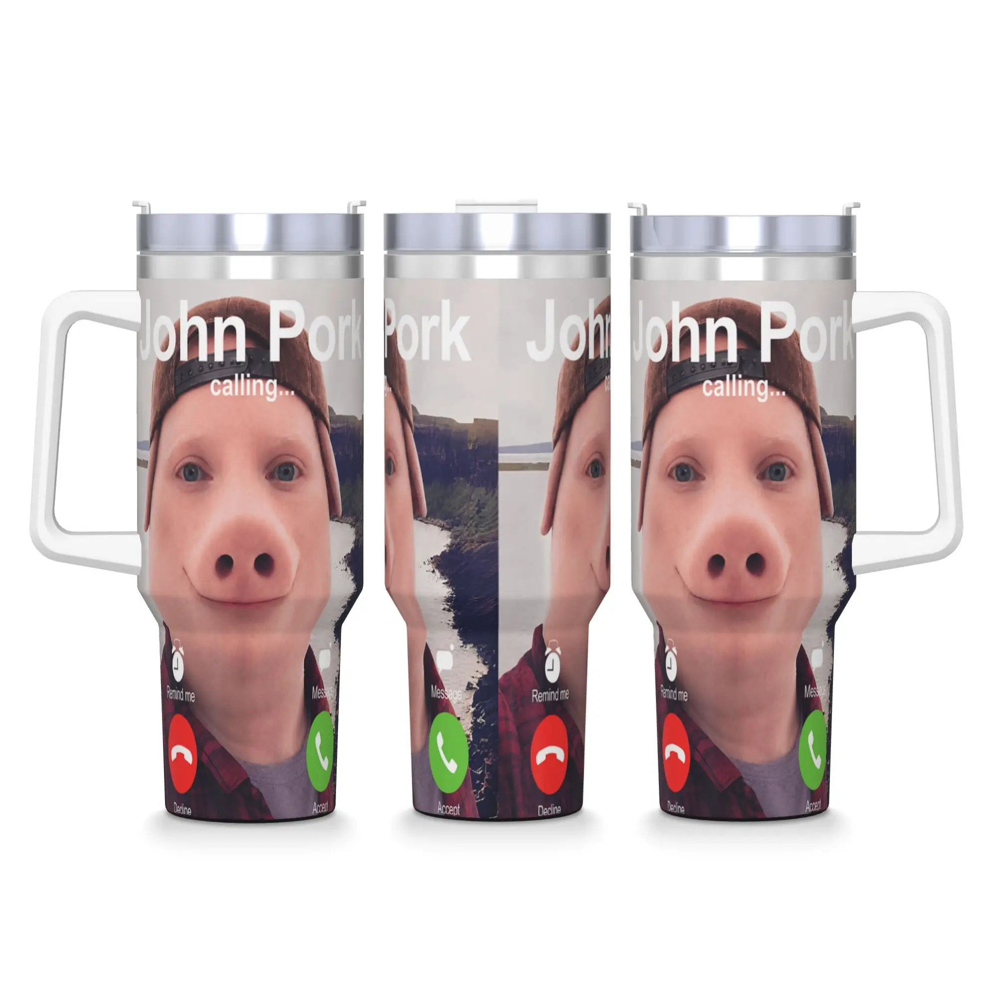John Pork Calling Decline Accept Incoming Call Meme Stainless Steel Tumbler Car Mugs Large Thermal Cups Milk Tea Water Bottle