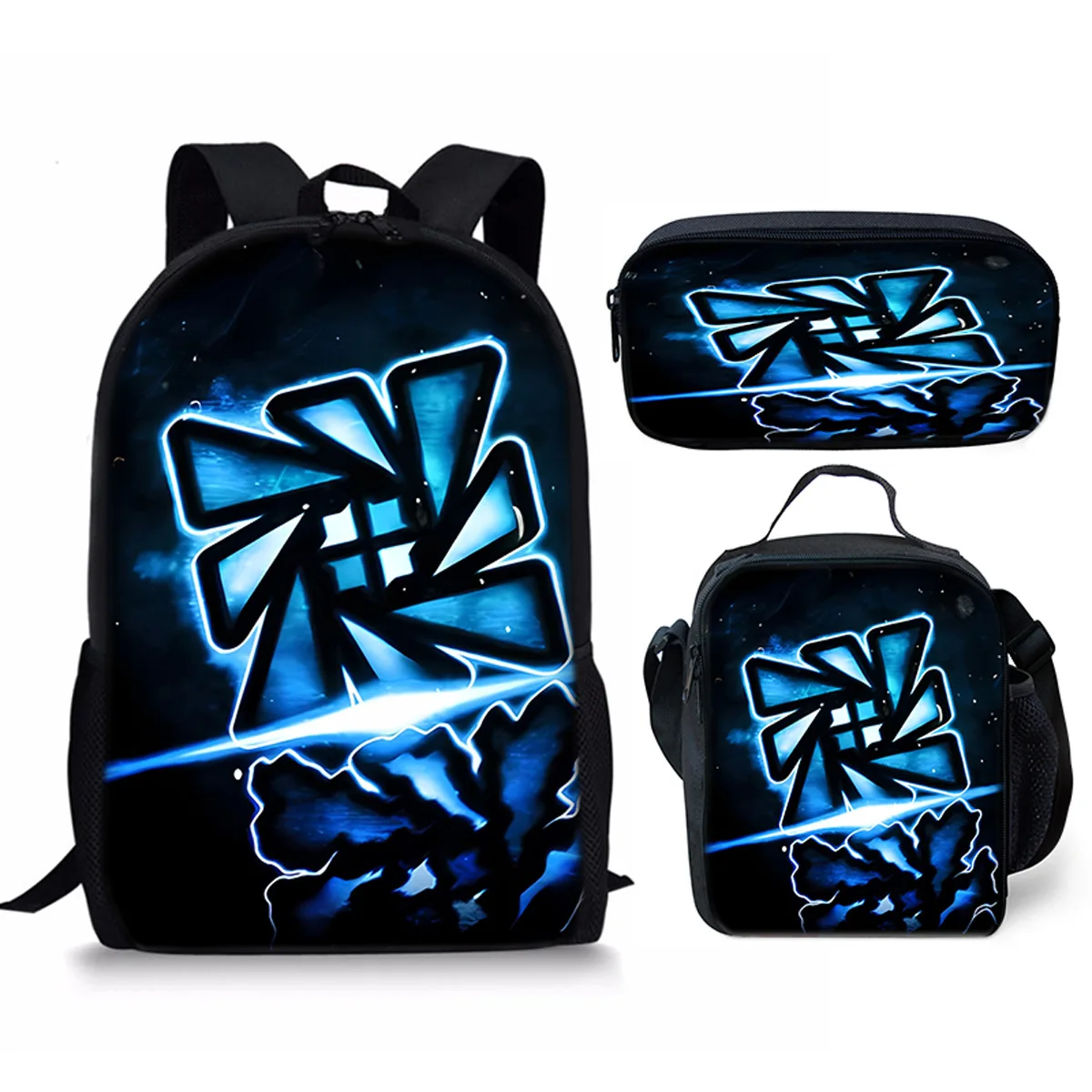 Hip Hop Youthful Geometry Dash 3D Print 3pcs/Set Student Travel bags Laptop Daypack Backpack Crossbody Lunch Bag Pencil Case
