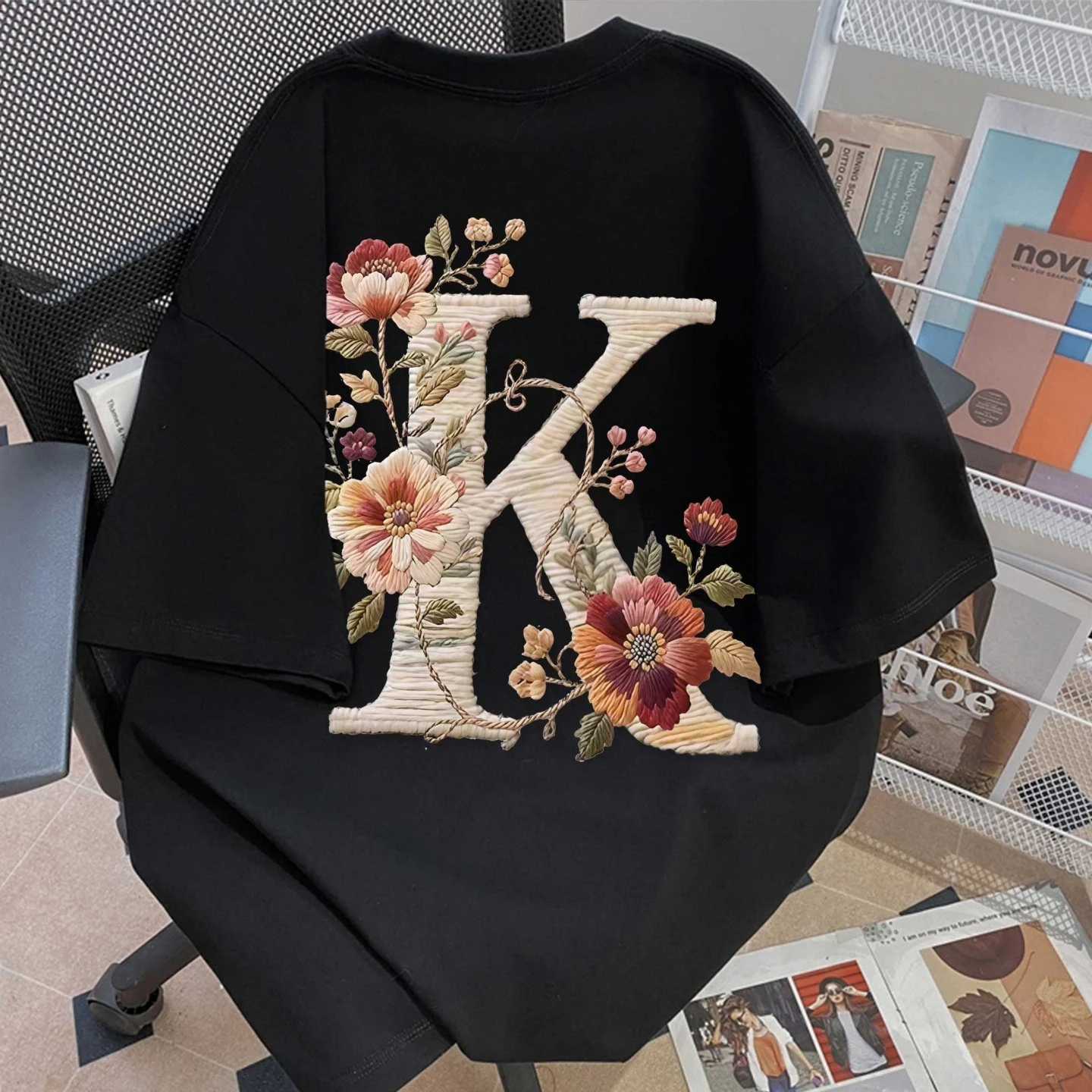New Cotton American Retro Flower K Letter Imitation Embroidery Print Short Sleeve T-shirt Summer Loose Couple Half Sleeve Dress