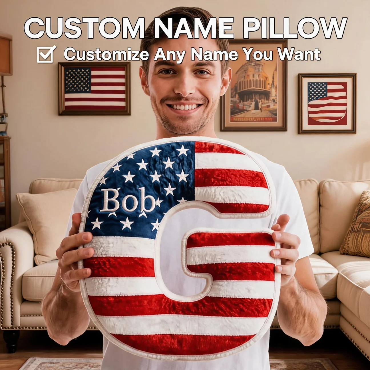 Custom Photo Letter G Shaped Pillow USA Flag Style Personalized Name Cushion Unique Home Decor for Sofa Bedroom Adult Gift Trend