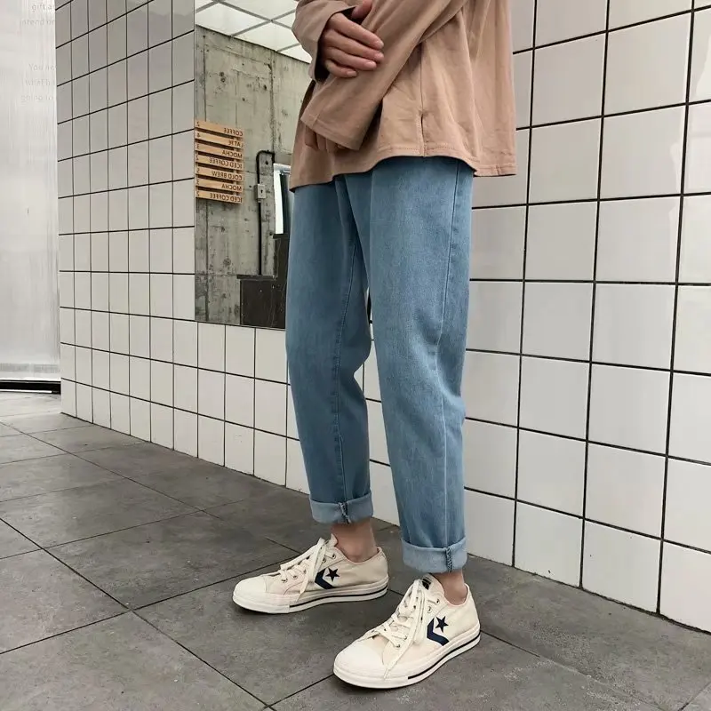 Spring Summer 2022 Fashion Straight Jeans Men's Washed Wild Korean Trendy Loose Teenagers Cropped Pants Students Bf Casual Pants