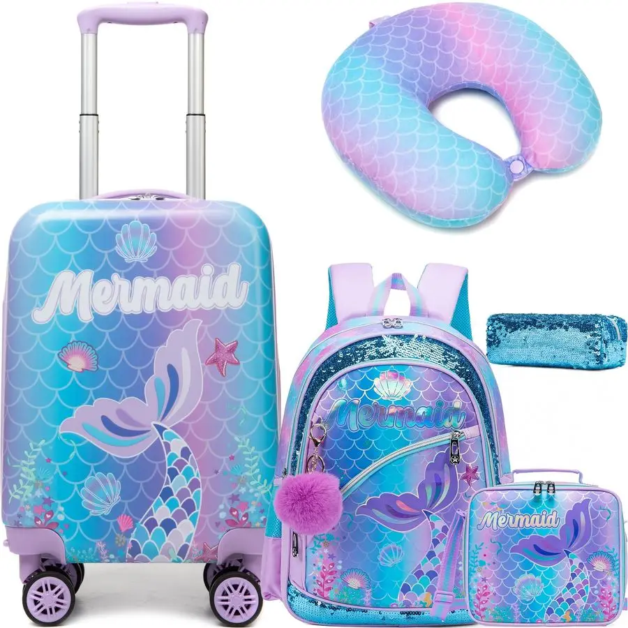 

Mermaid Kids Luggage Set 5 Piece Suitcase Set 16 Hardside Luggage with Spinner Wheels Girls Travel Rolling Luggage Carry on Lugg