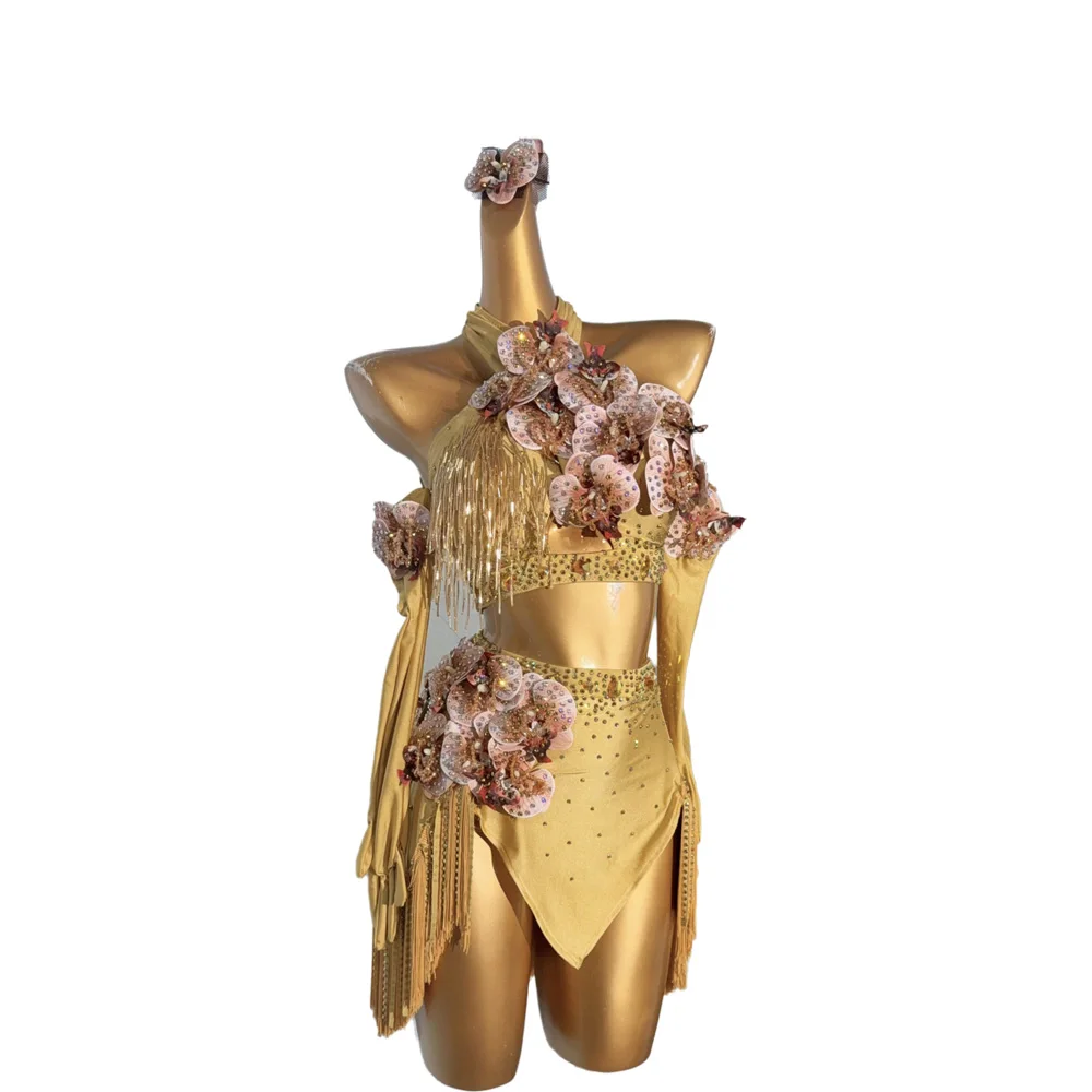 ラテンダンサー、大人と子供のハイエンドカスタマイズされた花の襟付きゴールドドレス、サンバABストーンパフォーマンスドレス