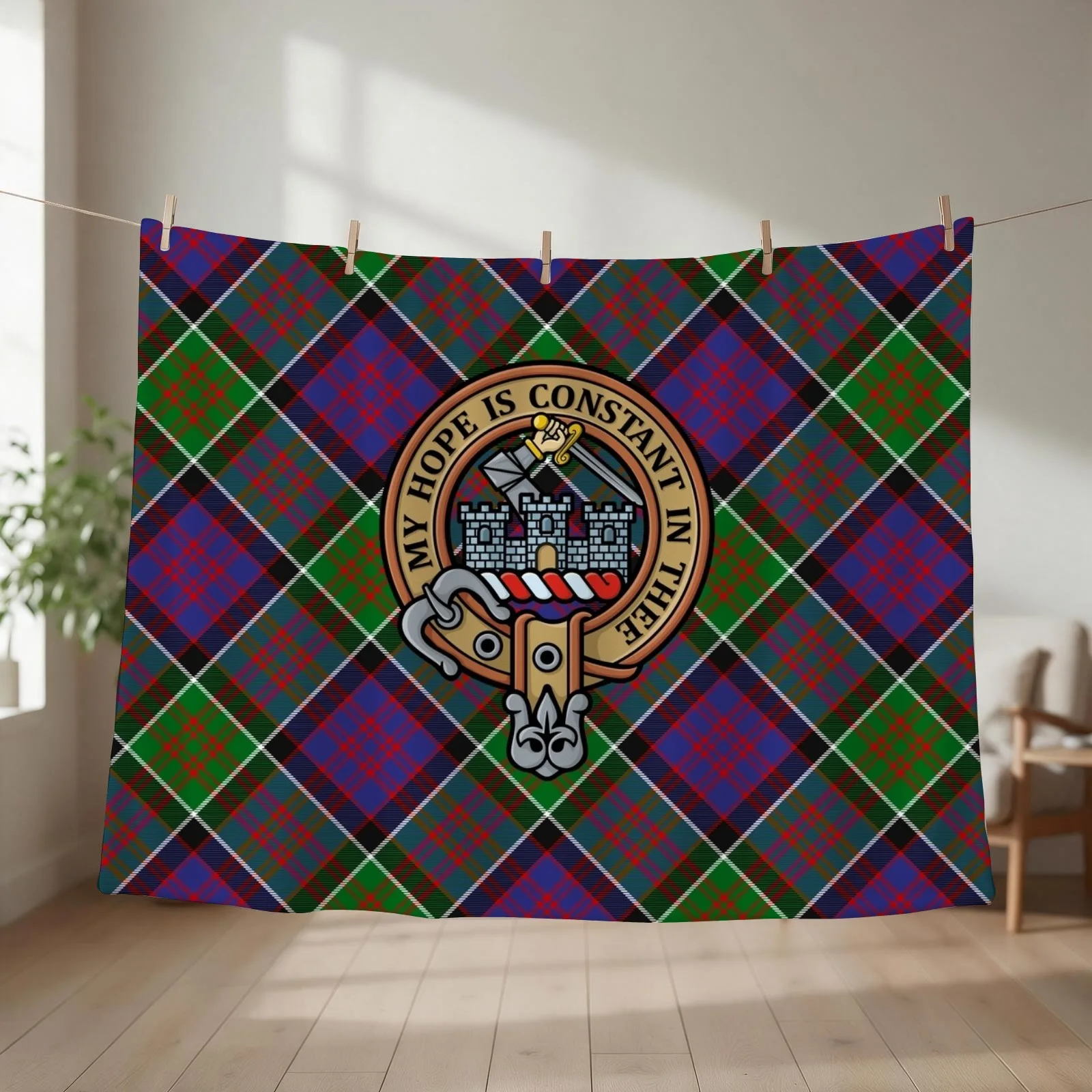 Clan MacDonald of Clanranald Crest over Tartan Throw Blanket couch cozy soft plush fuzzy picnic outdoor blanket