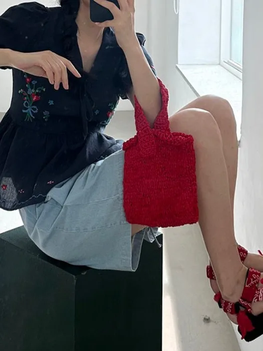 Süße bestickte irt Damen Faion Vintage Floral V-ne ort Sve Sommer Krawatte Puppe Top Altersreduzierung Kleidung