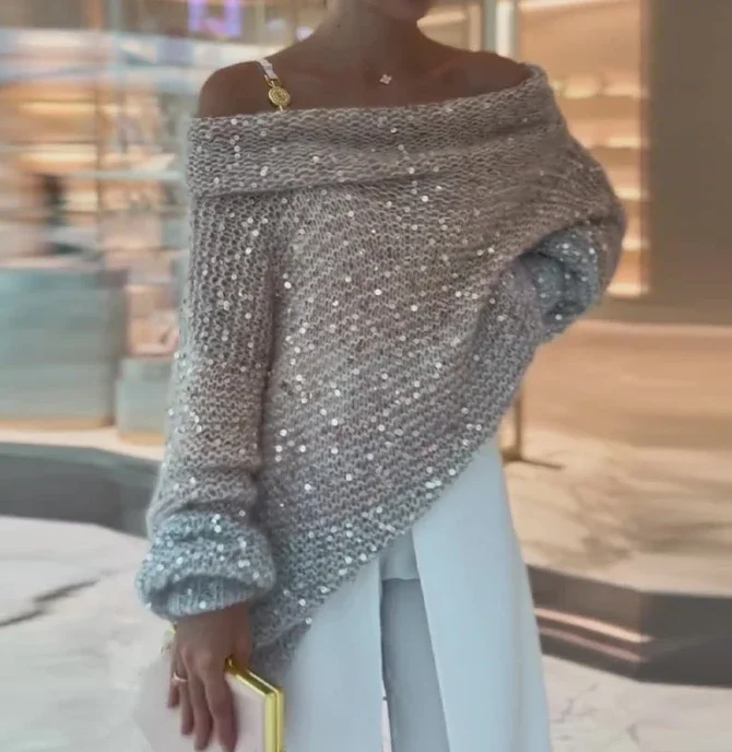 2024 Winter New Popular Solid Sequin Design with One Shoulder Width and A Lazy Style Sweater for Women Temperament Commuting