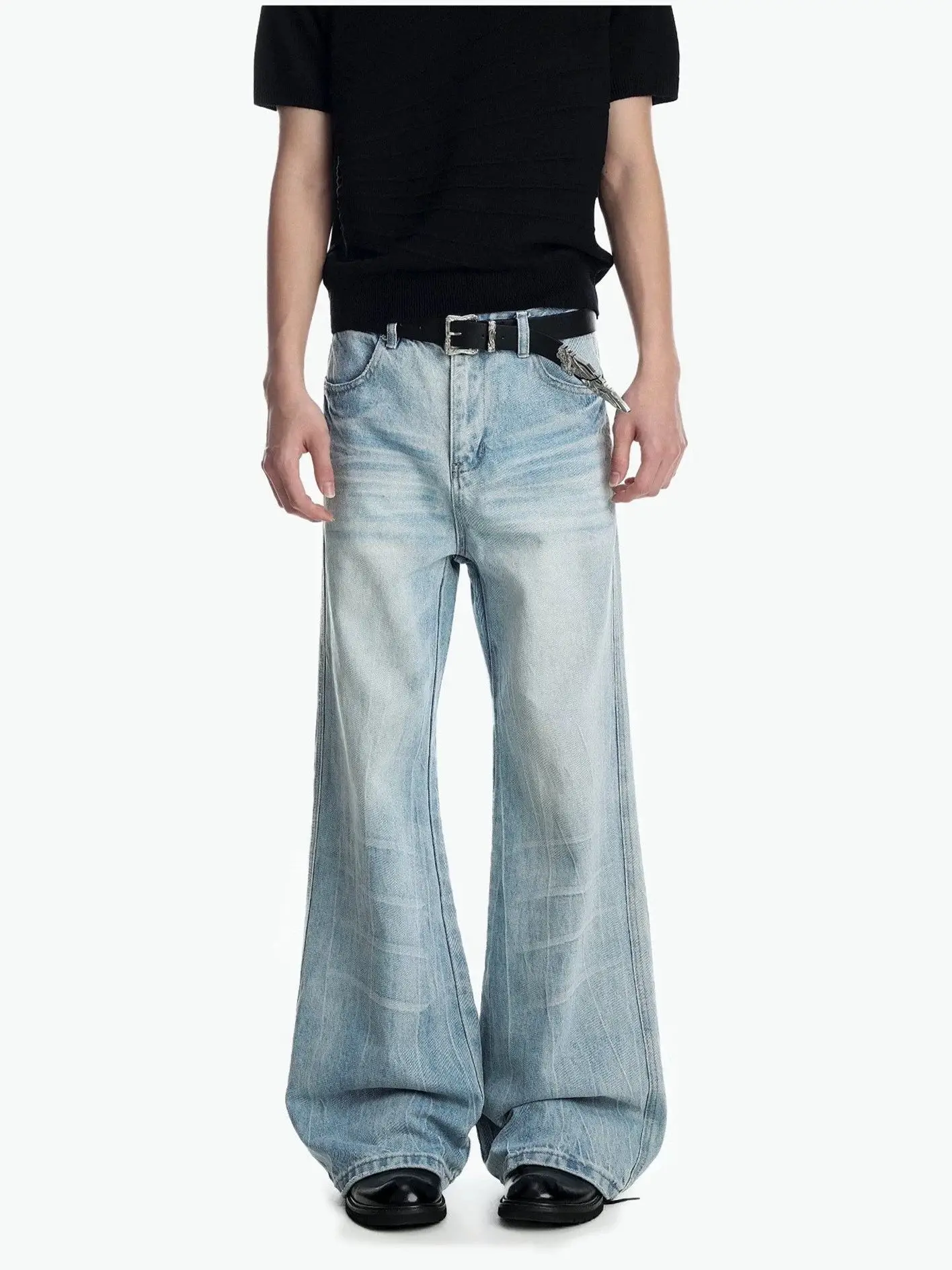 Retro American Street  Texture Flared Washed Casual Loose Trendy Jeans Men's High Waist Denim Pants Non-Shrinkage