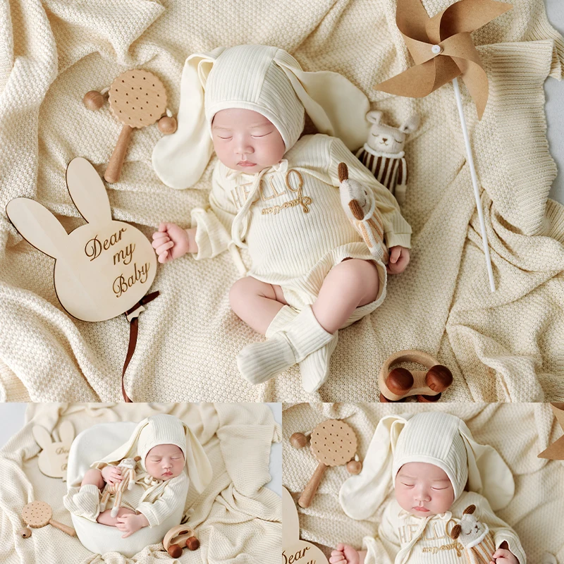 

Cute Newborn Photography Jumpsuit with Matching Rabbit Hat Baby BoyGirl Outfits Handmade Doll Wooden Rattle Studio PhotoShooting