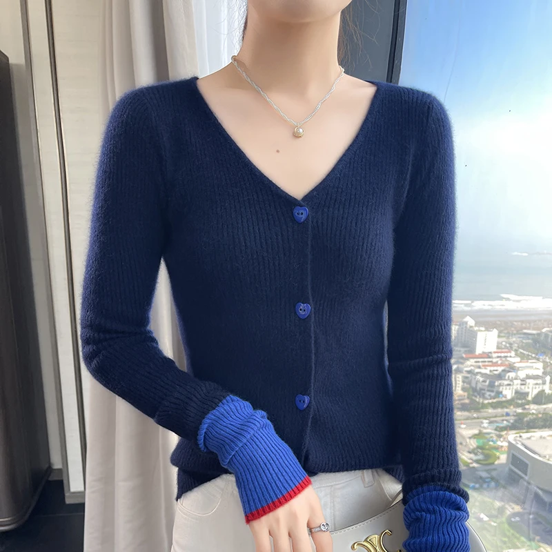 Autumn/ Winter New 100% Cashmere Sweater Women's Clothing V-neck Knitted Cardigan Fashion Tight and Skinny Contrast Color Coat