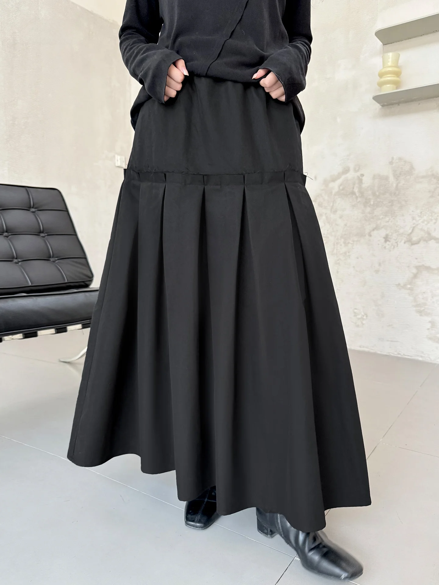 

Dark Romantic A-Line Skirt with Frayed Hem Black Winter Maxi Skirt Heavy Industry Washed Texture by Land And Mountain Island