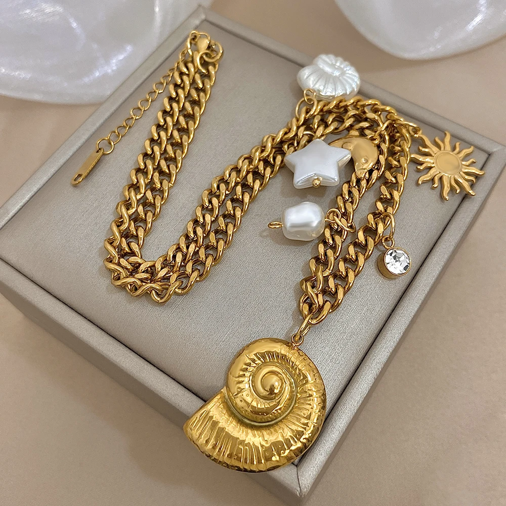 

Elegant Stainless Steel Conch Dolphin Sun Pendant Necklace for Women Non Fading Cuban Chain Choker Summer Beach Jewelry Gift