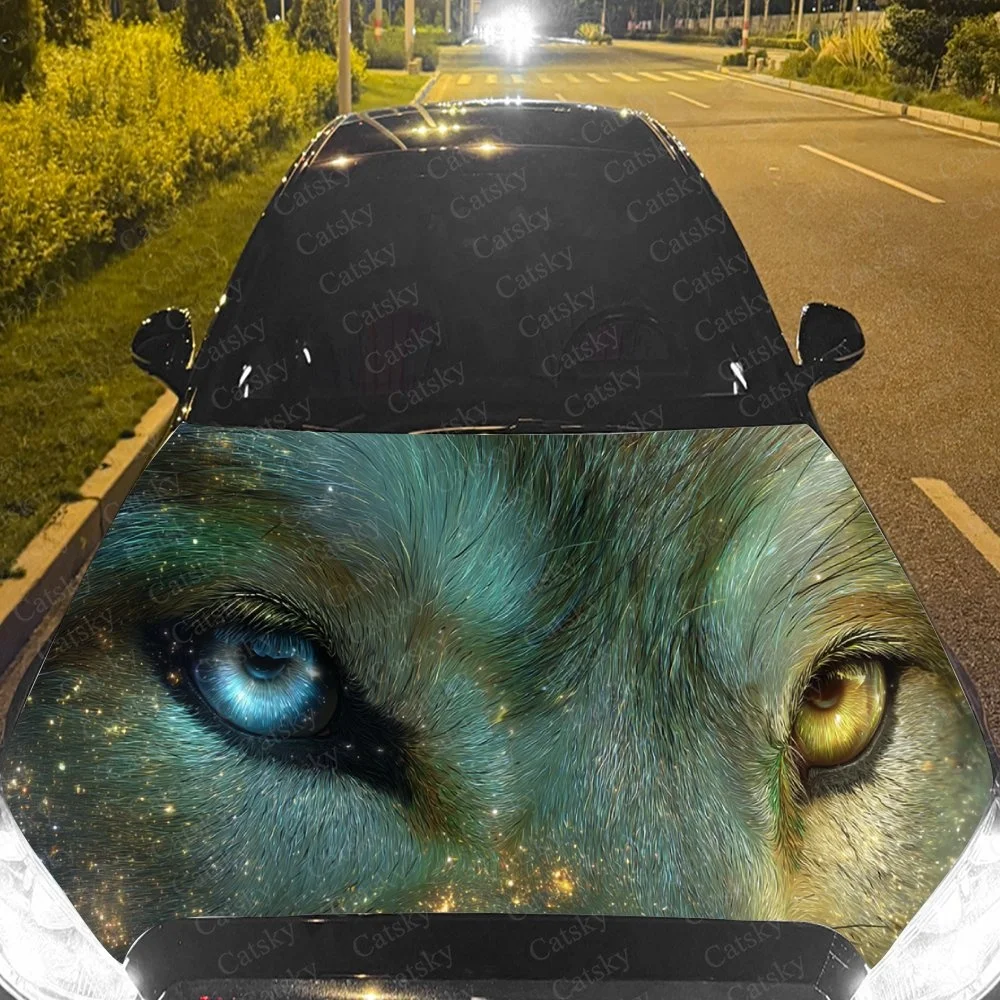 Stunning wolf eyes with cosmic glow, vividly printed on car hood for bold, unique style.Car hood sticker
