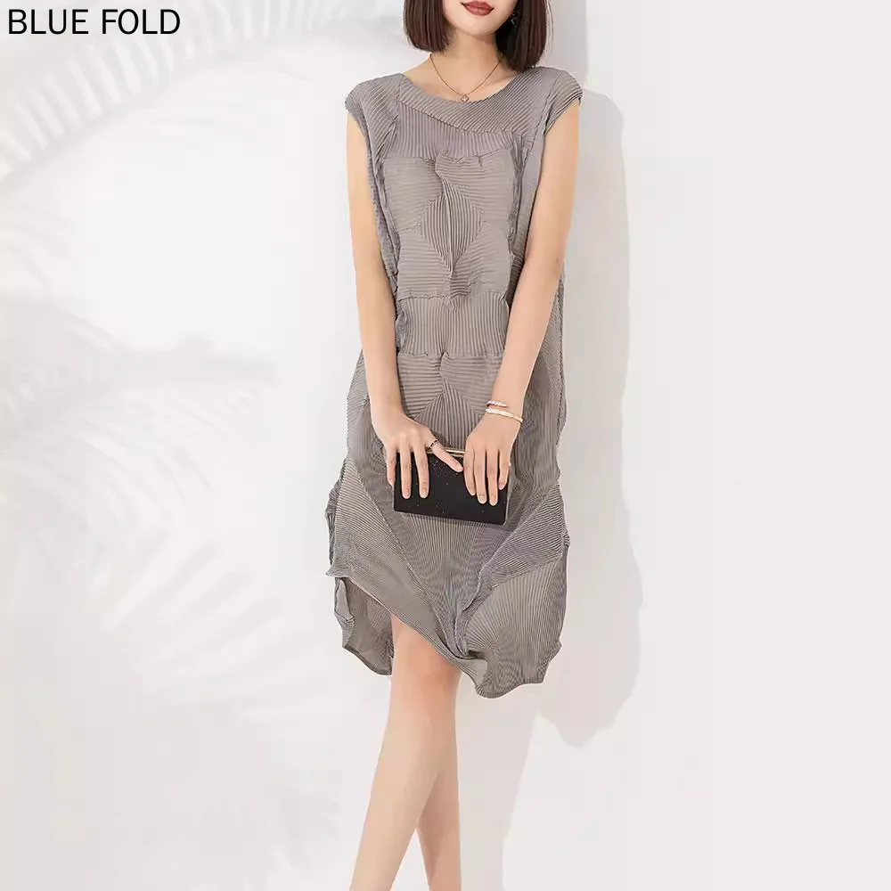 MIYAKE PLEATS-Sleeveless Dress for Women, Irregular Hand-Pleated Pullover, Mid-Length Dress, High Quality, New Design, Summer