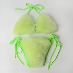 Women's Plush Fur Bikinis Set Solid Swimsuit Sports Fake Fox Fur Two Piece Female Swimwear Bra Underwear Sets Beach Swimsuits