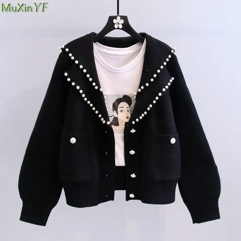 

Женский винтажный свитер с жемчужинами, элегантный дамский кардиган с матросским воротником, однотонные вязаные пальто с длинным рукавом, новая Свободная трикотажная одежда на осень и зиму