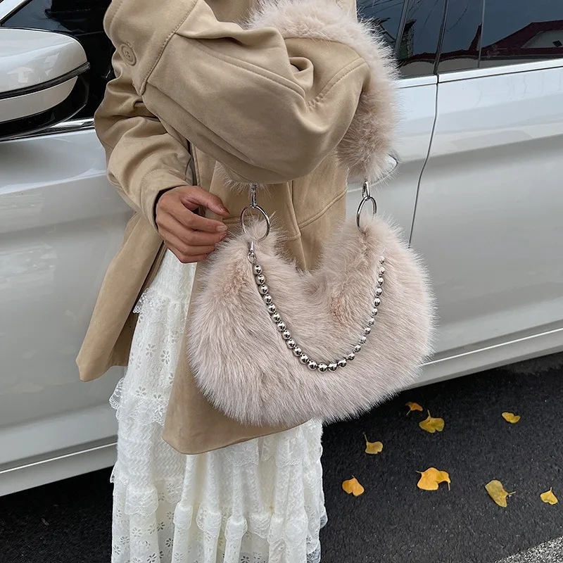 Autumn Winter Imitation Fox Fur Dumpling Bag with Pearl Chain Underarm Single Shoulder Crossbody Fashion Bag