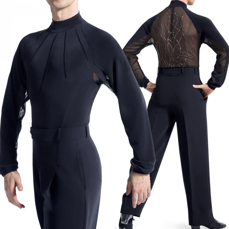 Vêtements de concours de danse latine pour hommes, haut de danse noir Standard pour salle de bal, col haut, manches longues, vêtements de danse de Performance VDL4359
