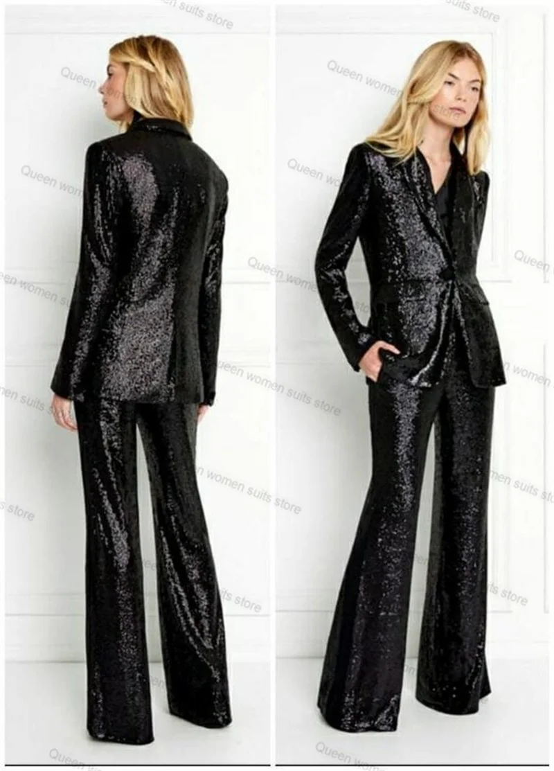 Black Sequins Wedding Women Suit Set 2 Piece Blazer+Trousers Sexy V Neck Jacket Coat Formal Office Lady Prom Dress Custom Made