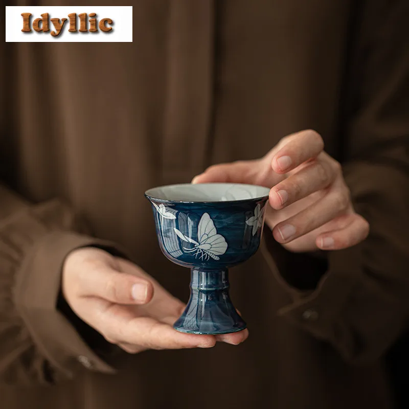 

100ml Powder Yin Hand Painted Butterfly High Foot Teacup Vintage Tea Bowl Jug Tea-tasting Personal Cup Chazhan Master Cups Cha