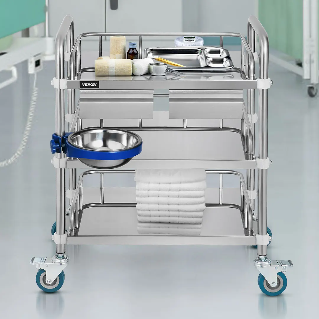 VEVOR Lab Cart 3 Layers Double Drawers 304 Stainless Steel Medical Cart with Swivel Casters 1 Refuse Basin Service for Hospital