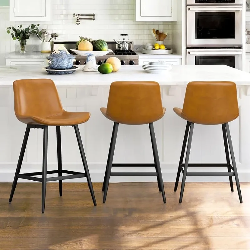 

24 inch Counter Stool, Modern Bucket Barstool Set of 3, Barstools with Back and Footrest, Faux Leather Bar Stools for Kitchen