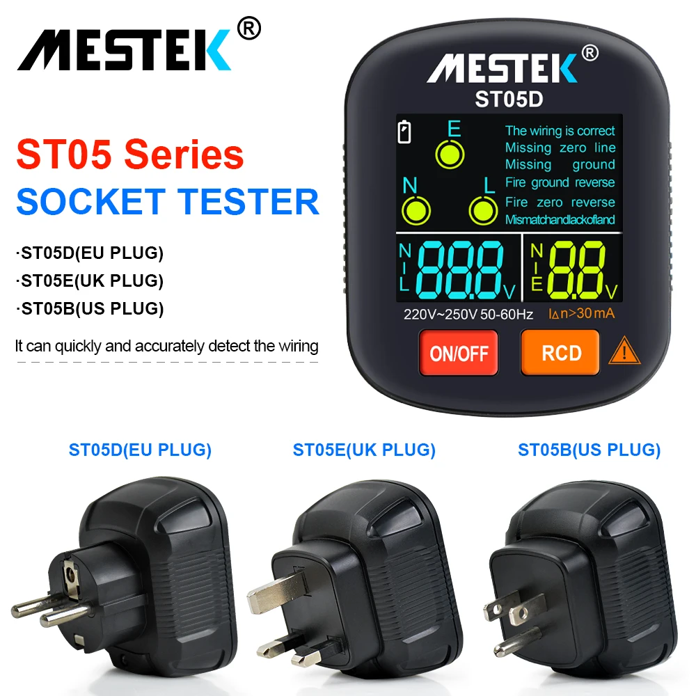 Socket Tester Voltage Test RCD Test Large Screen Display US/UK/EU Plug 220v~250V Ground Zero Lines Outlet Check Socket Detector